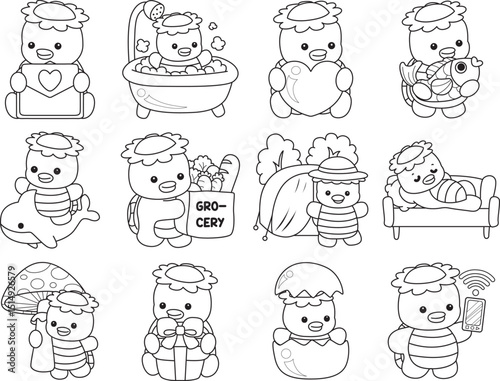 Outline of Kawaii japanese mythology Kappa sticker cute.
Coloring pages of Cute kappa mascot ghost japanese.