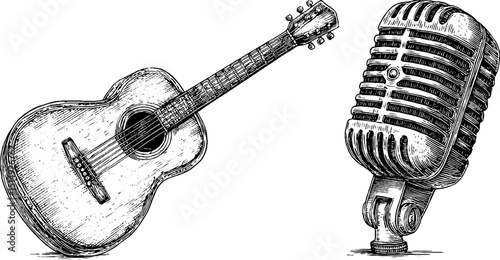 Vintage musician set with acoustic guitar and microphone engraving for design and art projects