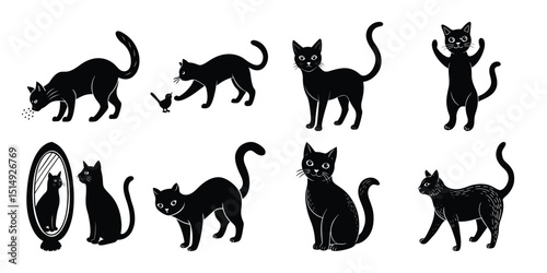 Black Silhouettes of Cats and Other Animals on White Background