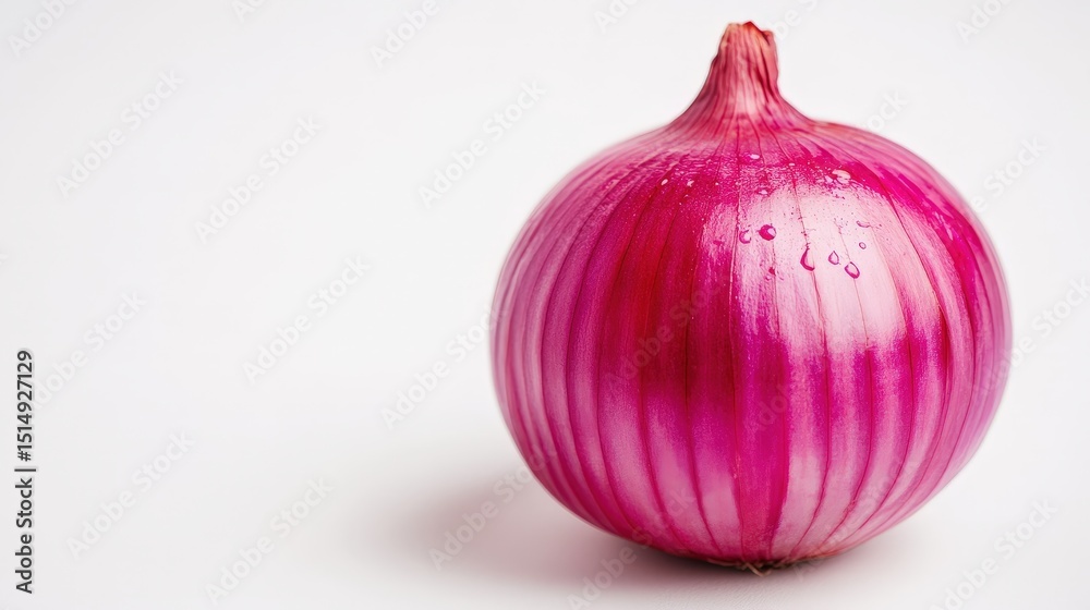 Fototapeta premium A fresh red onion with water droplets sits on a clean white background.