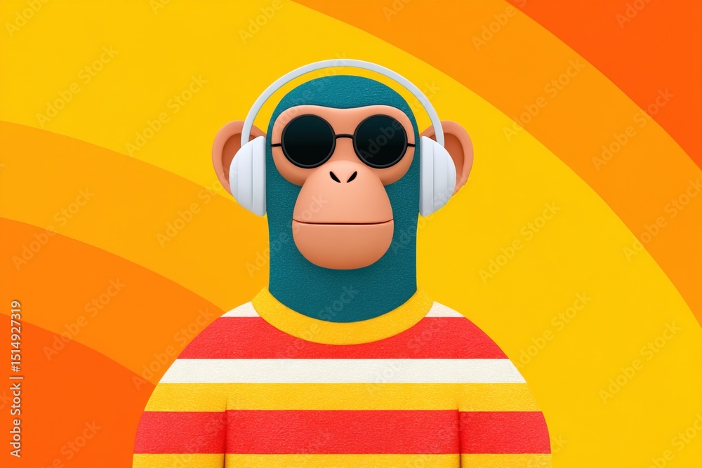 Fototapeta premium Vibrant monkey in headphones and sunglasses in a colorful setting