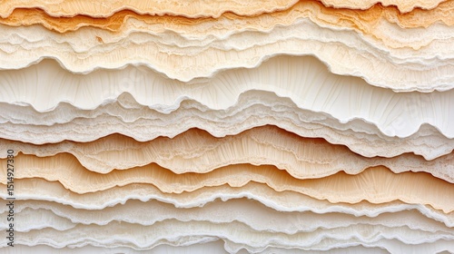 Close-up of layered, wavy, cream-colored textures resembling geological strata or abstract paper art.