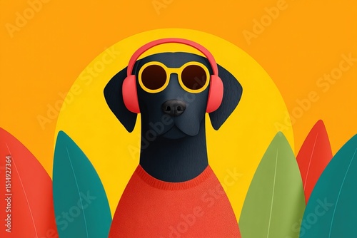 Cool dog with sunglasses and headphones enjoying a sunny day outdoors