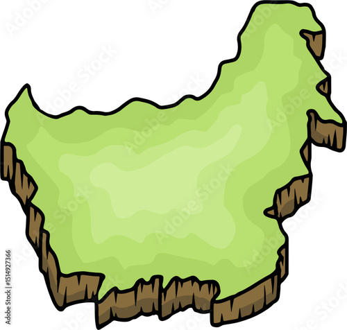 Ilustrasi Peta Kartun Isometrik Pulau Kalimantan, Kepulauan Indonesia