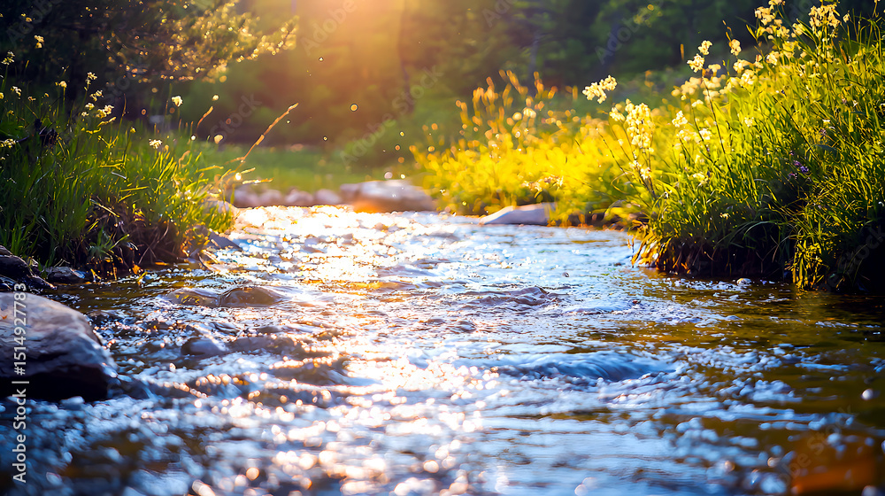 Fototapeta premium Clear River Flowing Through a Sunny Meadow with Soft Sunlight