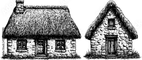 Engraved illustrations of historic stone cottages for design and decor projects