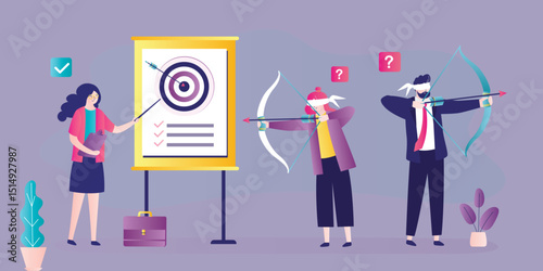 Unhappy businesspeople with blindfold aiming wrong direction. Archery, targets with arrows. Business coach help define goals and targets Business education.