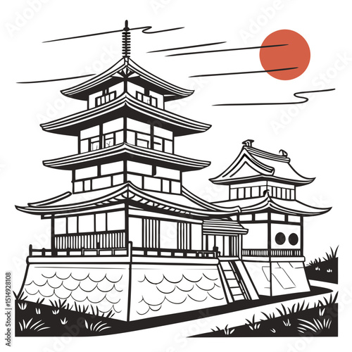Japanese temple illustration black and white