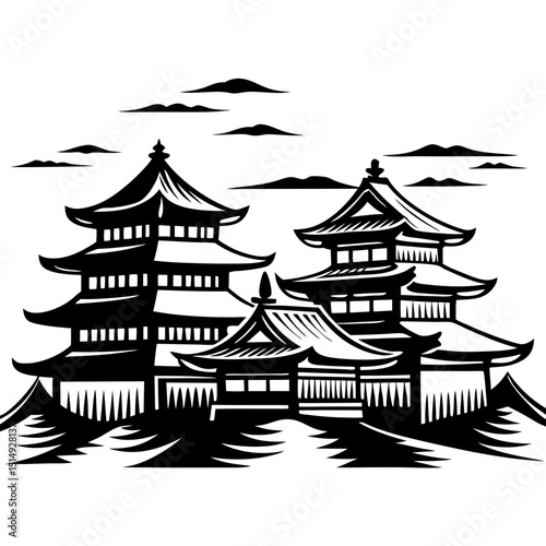 Black and white illustration of asian temples