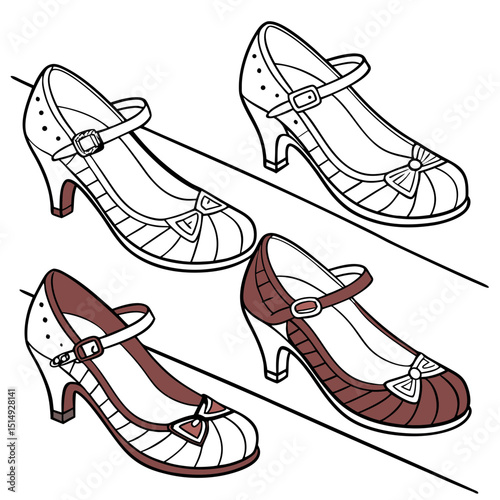 Pair of retro mary jane shoes coloring page illustration
