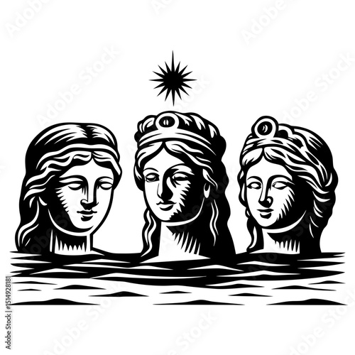Three graces emerging from water black and white illustration