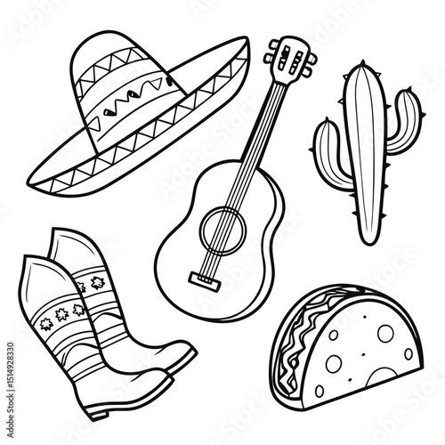 Mexican fiesta line art hat guitar boots cactus taco