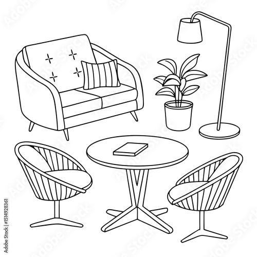 Mid century modern living room furniture illustration