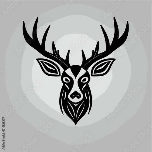 Abstract Deer Head With Ornate Antlers Design In Black And White Against Neutral Grey Background