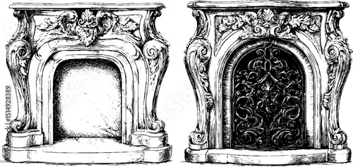 Ornamental fireplace designs engraved illustration set for artistic and architectural inspiration