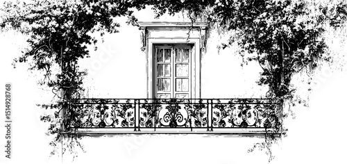 Ornate balcony railing with decorative engravings and detailed illustrations