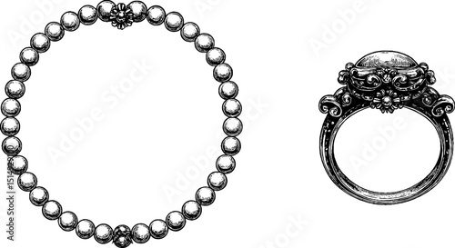 Elegant engraved pearl necklace and ornate ring design for fashion accessories