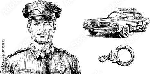 Engraved illustration set featuring police officer, patrol car, and handcuffs for law enforcement themes