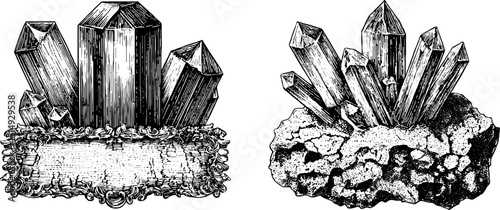Engraved illustration set of polished gemstones for design and print