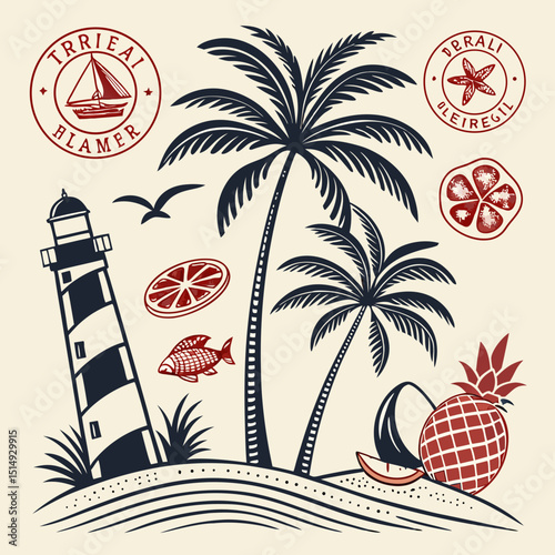 Tropical island lighthouse scene with palm trees and fruit