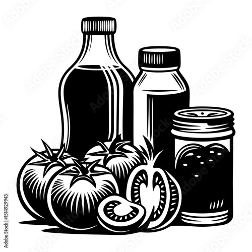 Tomatoes ketchup sauce and preserves jars