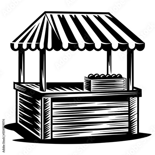 Black and white illustration of a wooden market stall