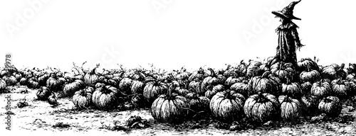 Engraved illustration of pumpkin field with scarecrow for harvest season design