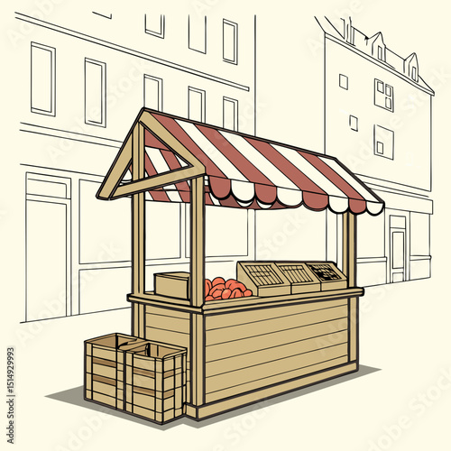 Wooden market stall with fruit and striped awning