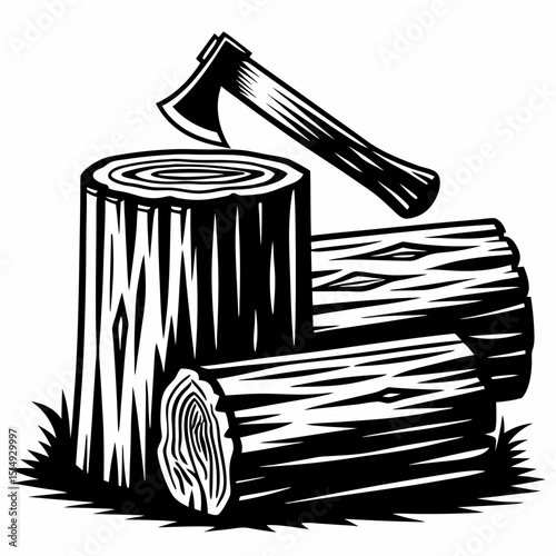 Axe and chopped wood logs graphic illustration
