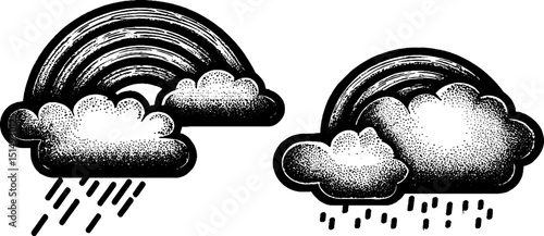 Engraved illustration of rainbow over meadow with stylized clouds and rain elements