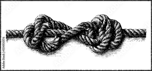 Engraved illustration of raw hemp rope and knots for nautical design and craftsmanship