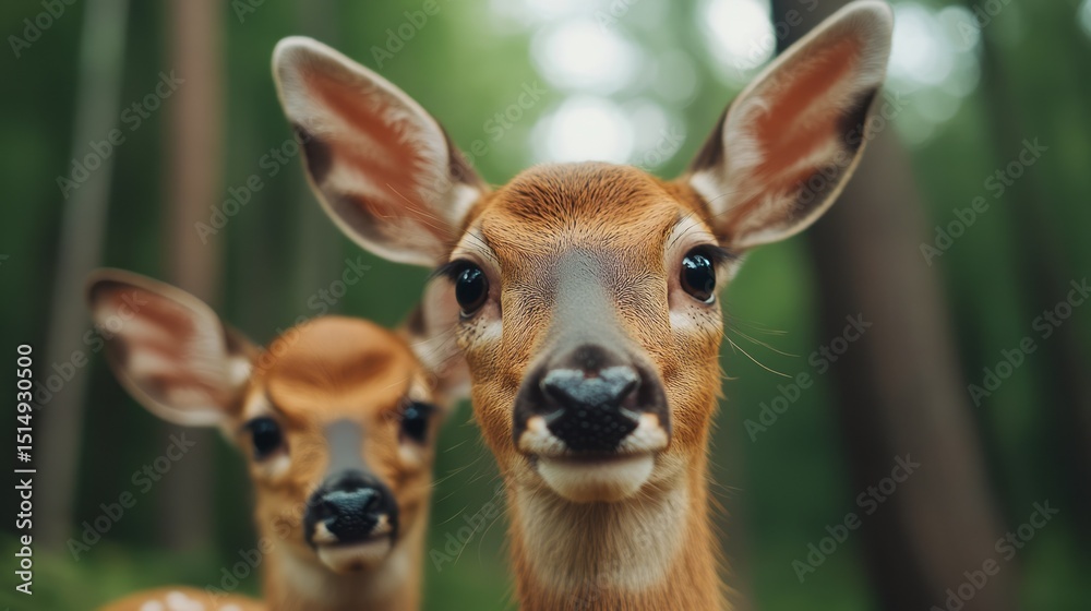 Fototapeta premium Two Young Deer Faces in Lush Green Forest with Soft Natural Light and Intense Curiosity