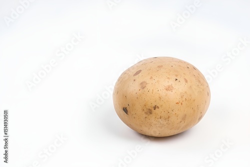 Single raw potato with brown spots on white background