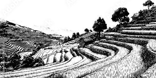 Engraved landscape of rice paddies on terraced hills with traditional structures