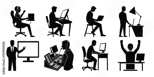 Vector silhouette set of business people working on computers at office desks
