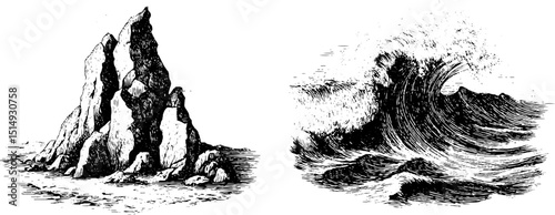 Engraved coastal scenes of rising tide and rocky coastline for nautical design