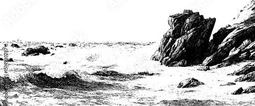 Intricate engraved illustration set of a rising tide and rugged coastline landscape