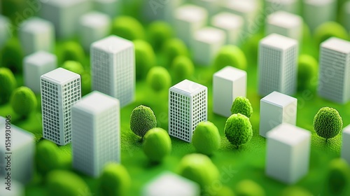 Miniature city structures on a green landscape.