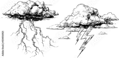 Engraved illustration of rolling thunder and lightning clouds - vintage weather concept
