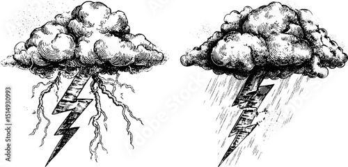 Vintage thunderstorm engraved illustrations with lightning and rain for design prints