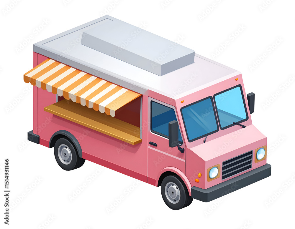 Pink food truck, stylized isometric design Pink food truck, stylized isometric design