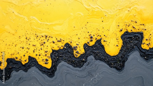 Abstract painting with vibrant yellow and black textured waves, blending together in a striking, modern composition.