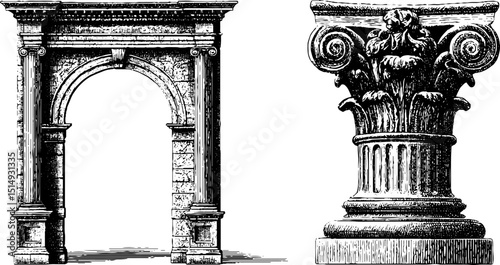 Elegant engraved illustration set of roman architecture with arch and capital