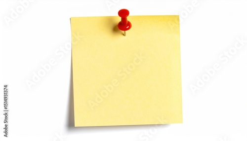 A vibrant yellow sticky note secured with a red pushpin on a clean white backdrop