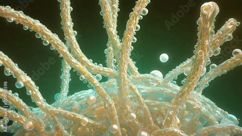 This macro image showcases fungal mycelium under a microscope, highlighting intricate structures and textures. A vivid representation of nature's details in motion.