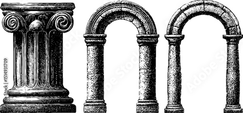 Detailed engraved illustration of roman column and arch - architectural heritage elements for design