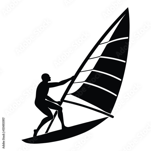 Silhouette of a windsurfer enjoying water sports against a white background