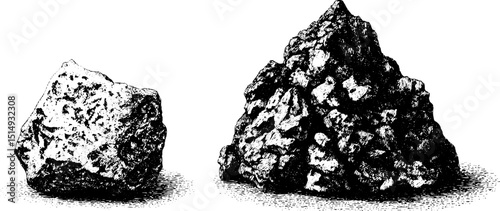 Engraved illustration set of rough volcanic rocks for design and print