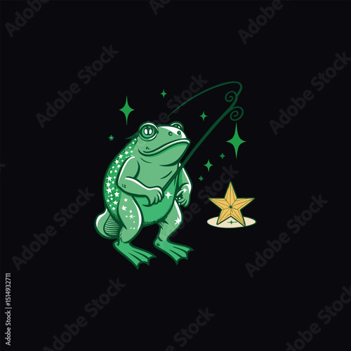 Starry Night Frog Fishing A whimsical illustration of a cosmic amphibian enjoying a celestial fishing trip.