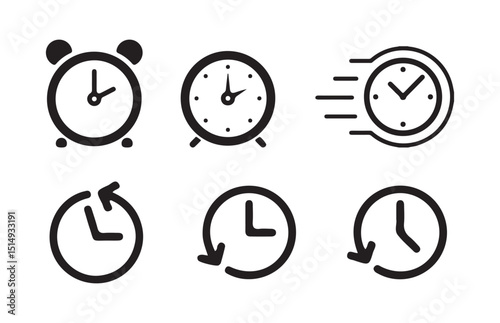 Black clock icon collection. Time and clock icons. Set of black clock, stopwatch, timer, watch icon. vector illustration